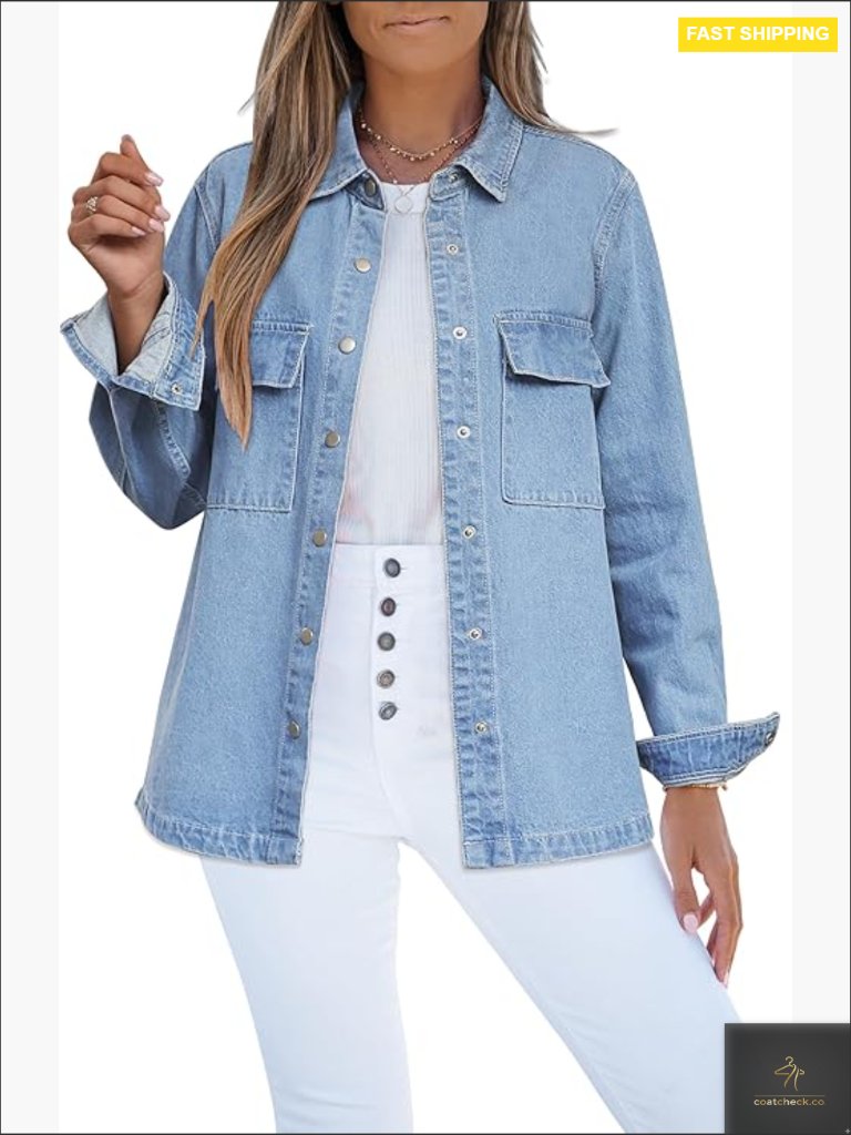 Oversized Button Down Denim Jacket Western Shacket With Pockets Classic